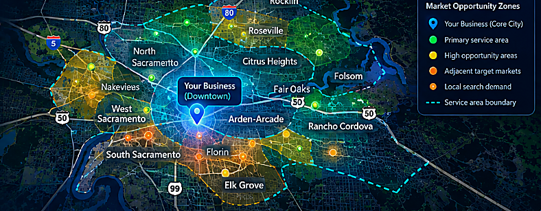 Illustrative regional market coverage map for local service expansion planning
